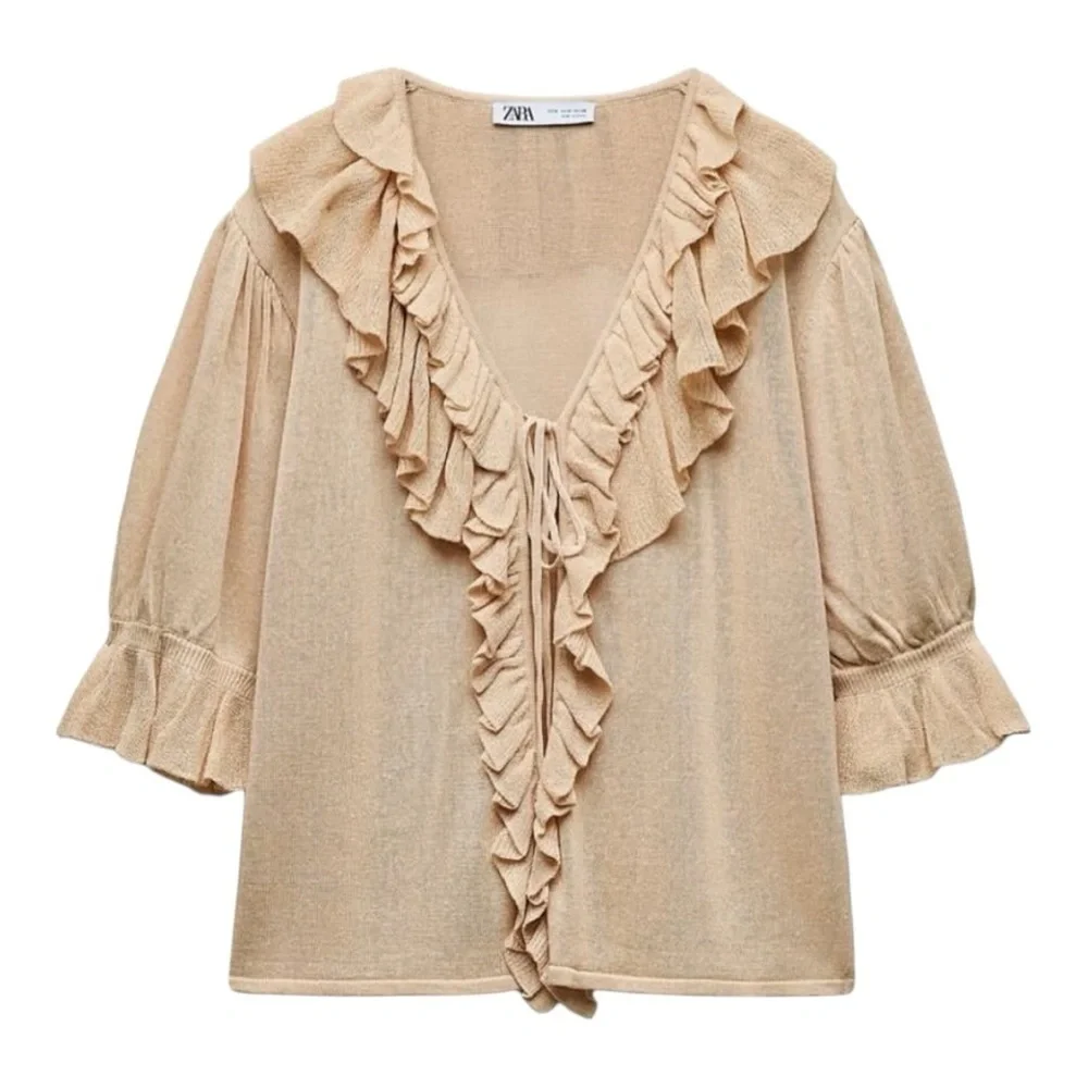 Zara Ruffle Knit Blouse size M NWT Beige Puff Sleeve Romantic Cottagecore - Picture 2 of 6